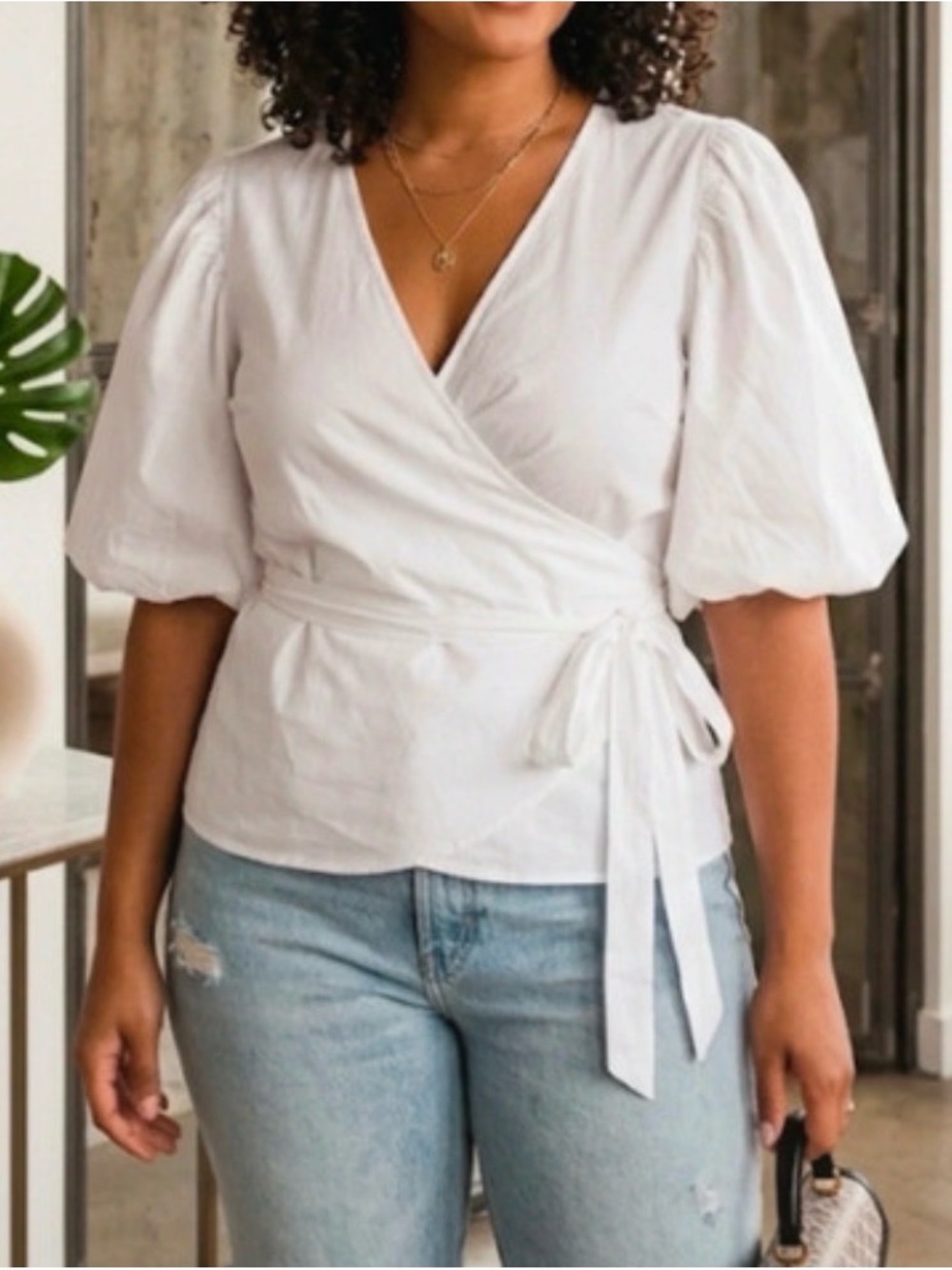 H&M White Wrap Blouse with Puff Sleeves